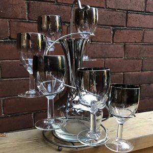 Mid Century Silver ombré Decanter with 6 glasses and Caddy